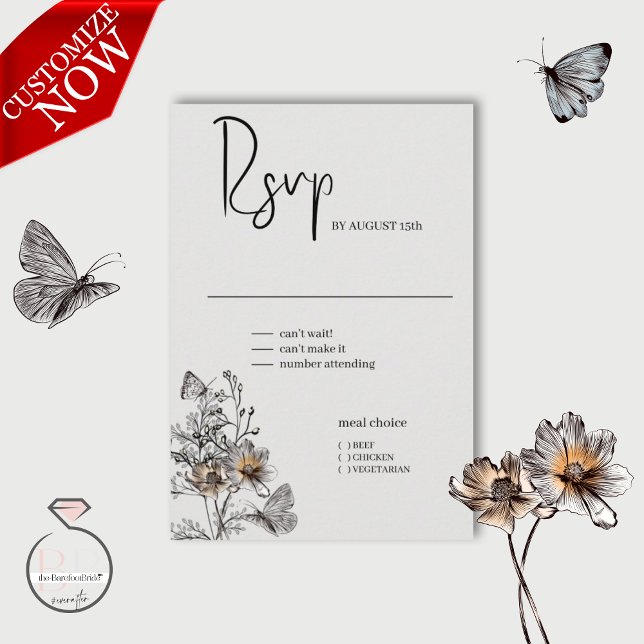 Minimal Line Art Terracotta Poppies RSVP Card (Easy to customize)