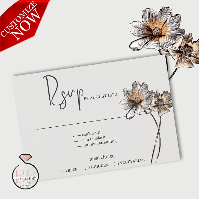 Minimal Line Art Terracotta Poppies RSVP Card (Easy to Customize)