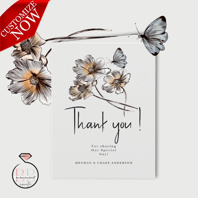 Minimal Line Art Terracotta Poppies Thank You Card (Easy to customize)