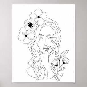 Minimal Line Art Woman Flower Head Poster