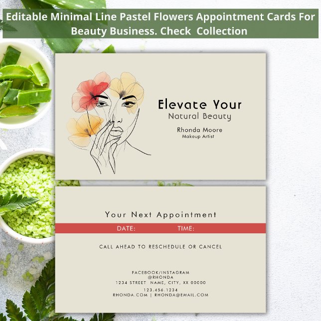Minimal Line Face Pastel Flowers Business Chic Appointment Card (Creator Uploaded)