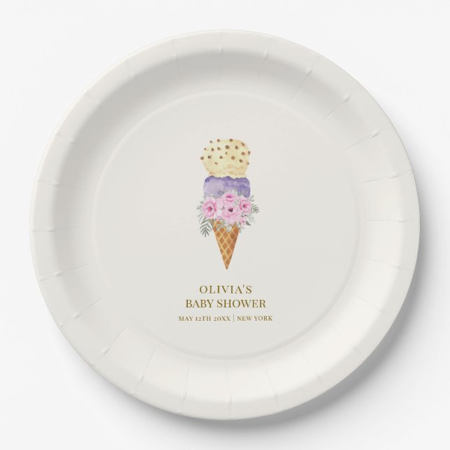 Minimal Little Flower Scoop Ice Cream Baby Shower Paper Plate (Front)