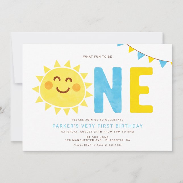 Minimal Little Sunshine First Birthday Boy Invitation (Front)