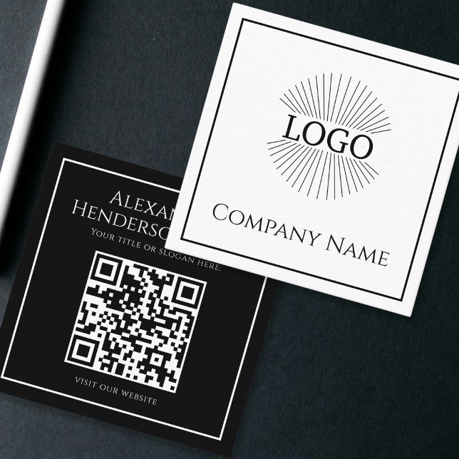 Minimal Logo QR code Black White Business Card (Minimal Logo QR code Black & White Square Business Card)