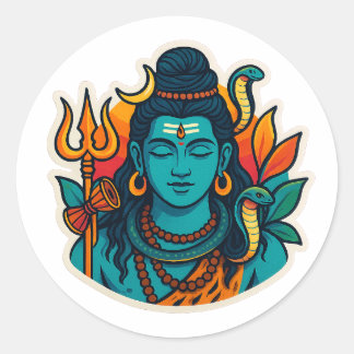 Minimal Lord Shiva Illustration – Trishul, Damru Classic Round Sticker