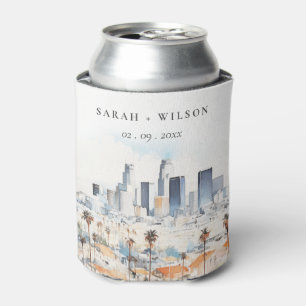 Minimal Los Angeles, California Watercolor Wedding Can Cooler