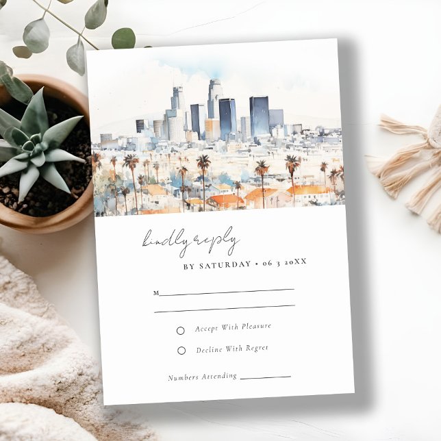 Minimal Los Angeles California Watercolor Wedding RSVP Card (Creator Uploaded)