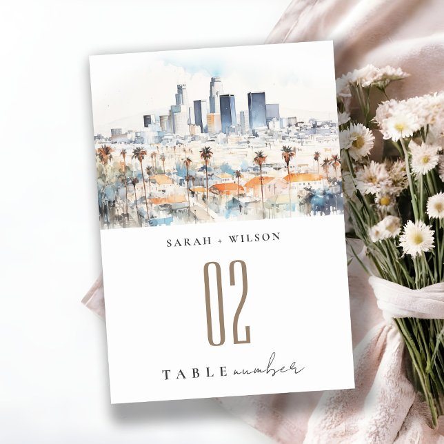 Minimal Los Angeles, California Watercolor Wedding Table Number (Creator Uploaded)