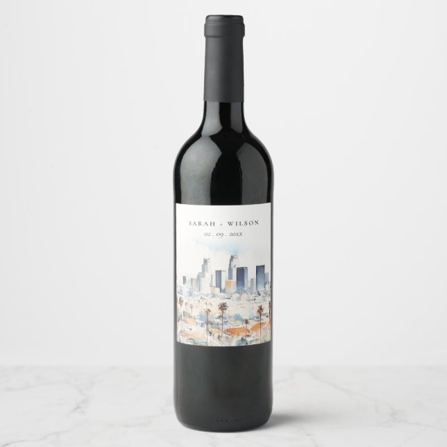 Minimal Los Angeles, California Watercolor Wedding Wine Label (Front)