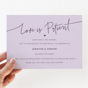 Minimal Love Is Patient Wedding Update Purple Invitation