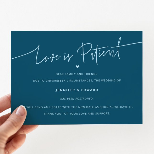 Minimal Love Is Patient Wedding Update Teal Invitation (Creator Uploaded)