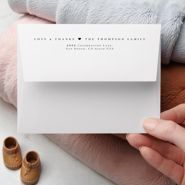 Minimal Love & Thanks Modern Personalised Family Envelope (baby shower thank you note card envelope with family return address - Love and thanks!)
