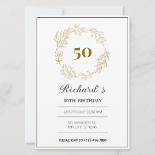 minimal luxuary golden wreath 50th birthday invitation