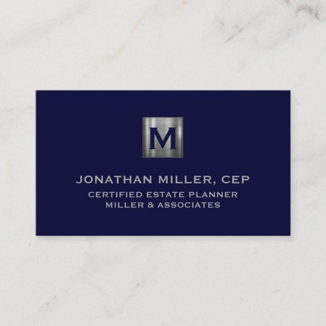 Minimal Luxury Navy Blue Silver Monogram Business Card (Front)
