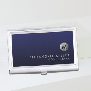 Minimal Luxury Navy Blue Silver Monogram Business Card Holder