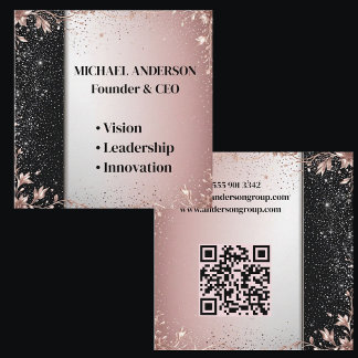 Minimal Luxury Pink Silver Glitter Floral Modern Square Business Card