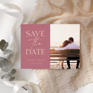 Minimal Magenta Pink Photo Wedding Save the Date Foil Holiday Postcard