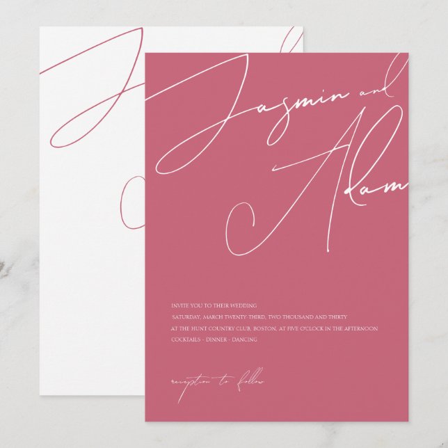 Minimal Magenta Pink Script Typography Wedding Invitation (Front/Back)