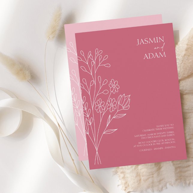 Minimal Magenta Pink White Wildflowers Wedding Invitation (Creator Uploaded)