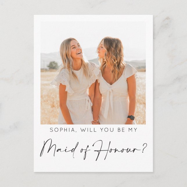 Minimal Maid of Honour Proposal Card with Photo (Front)