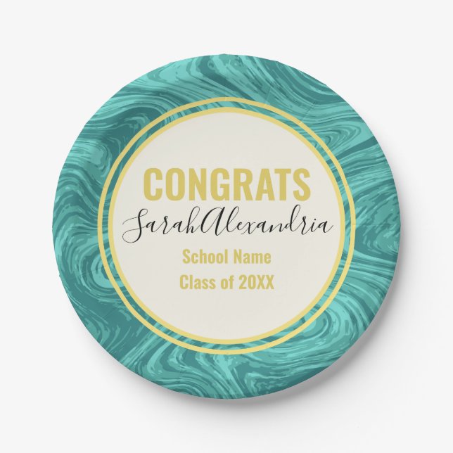 Minimal Marbled Teal Turquoise Wave Grad Party Paper Plate (Front)