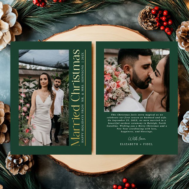 Minimal Married Christmas Photo Newlyweds Green Foil Holiday Card (Creator Uploaded)