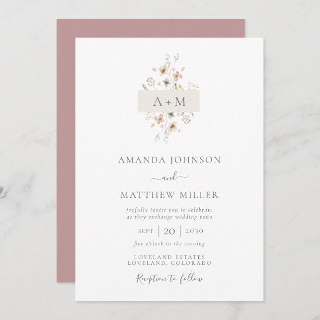 Minimal Mauve Watercolor Floral Monogram Wedding Invitation (Front/Back)