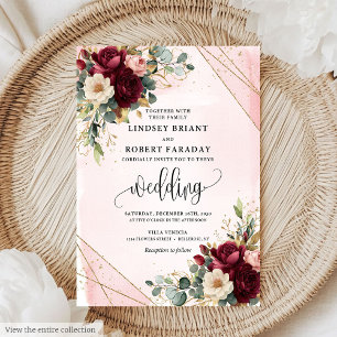 Minimal Merlot Gold Blush Flowers Modern Wedding  Invitation