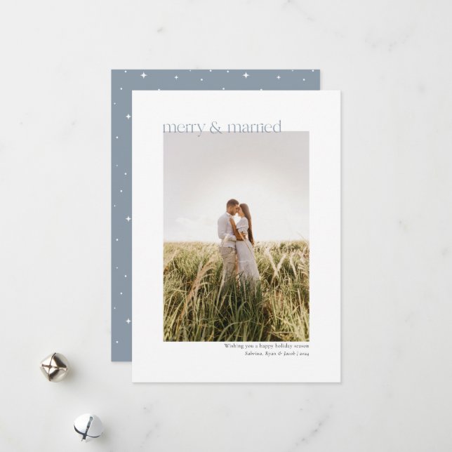Minimal Merry and Married | Dusty Blue Photo Holiday Card (Front/Back In Situ)
