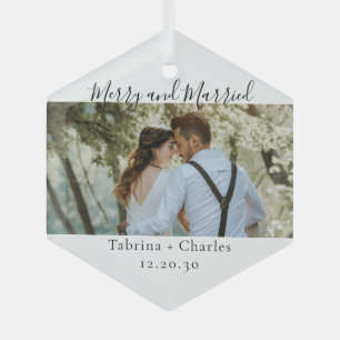 Minimal Merry and Married Photo Ceramic Ornament