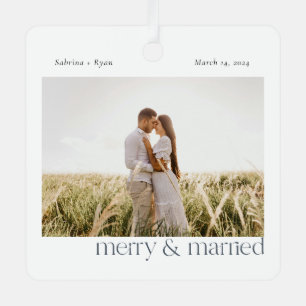 Minimal Merry and Married Photo Ceramic Ornament