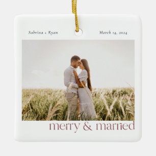 Minimal Merry and Married Photo   Maroon Ceramic Ornament