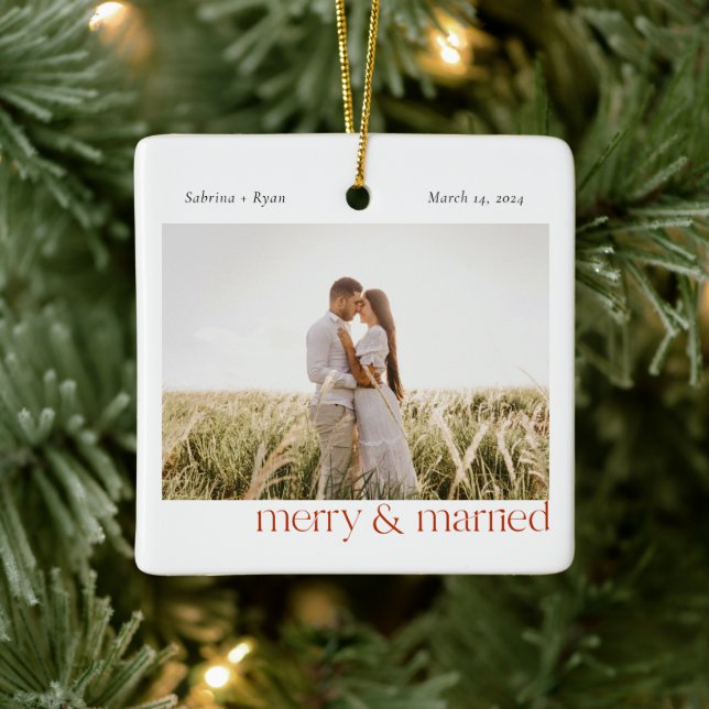 Minimal Merry and Married Photo | Red Ceramic Ornament (Tree)