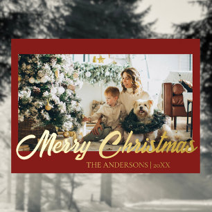 Minimal Merry Christmas Deep Burgundy Photo Family Foil Holiday Card