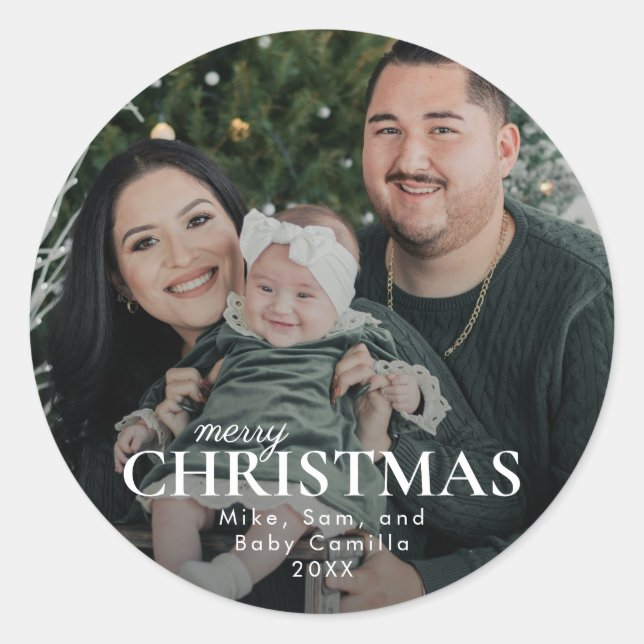 Minimal Merry Christmas Family Photo  Classic Round Sticker (Front)