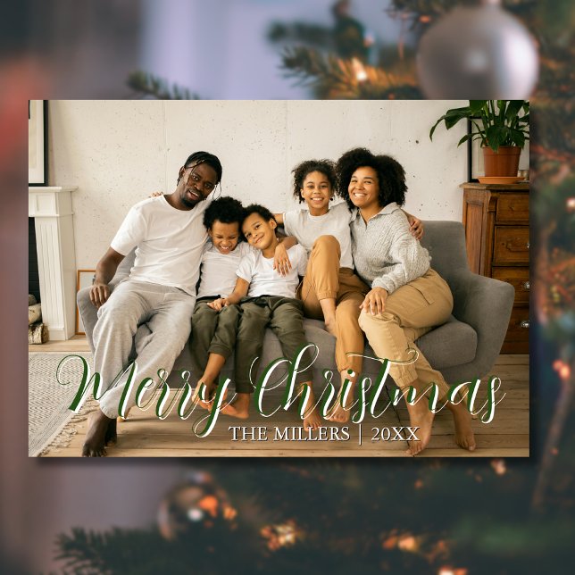 Minimal Merry Christmas Forest Green Photo Family Holiday Card (Creator Uploaded)