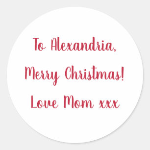 Minimal Merry Christmas from Mom Red and White Classic Round Sticker