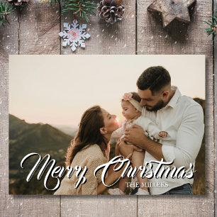 Minimal Merry Christmas Light Gray Photo Family Holiday Card