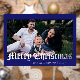 Minimal Merry Christmas Midnight Blue Photo Family Foil Holiday Card