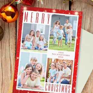 Minimal MERRY CHRISTMAS Photo Collage Red Lights Holiday Card