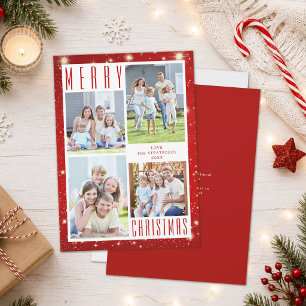 Minimal MERRY CHRISTMAS Photo Collage Red Lights Holiday Card