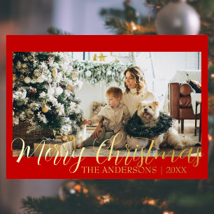 Minimal Merry Christmas Rich Red Photo Family Foil Holiday Card