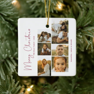 Minimal Merry Christmas Script  Family  6 Photos Ceramic Ornament