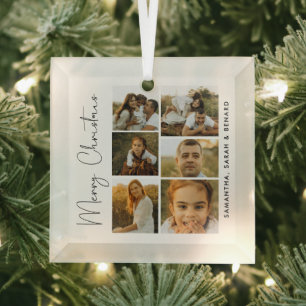 Minimal Merry Christmas Script Family 6 Photos Glass Tree Decoration