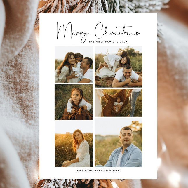 Minimal Merry Christmas Script  Family  6 Photos Holiday Card (Creator Uploaded)