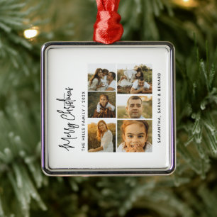 Minimal Merry Christmas Script  Family  6 Photos Metal Ornament