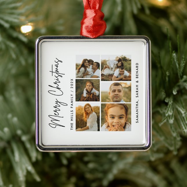 Minimal Merry Christmas Script  Family  6 Photos Metal Ornament (Tree)
