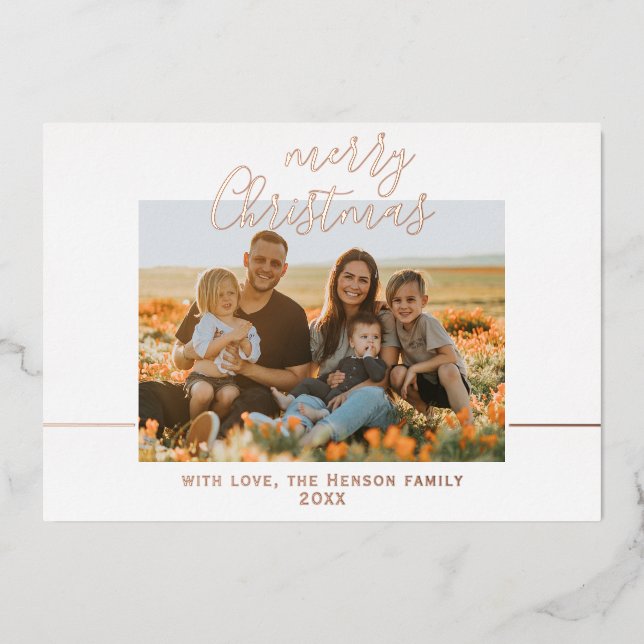 Minimal Merry Christmas Script Family Photo Foil Holiday Card (Front)