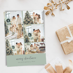 Minimal Merry Christmas Script Photo Collage Sage Holiday Card