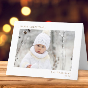 Minimal Merry Christmas White Gold Photo Holiday Card